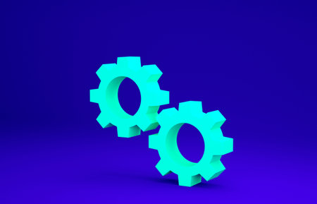 Green Gear icon isolated on blue background. Cogwheel gear settings sign. cog symbol. Minimalism...