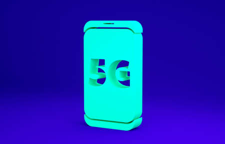 Green Mobile with 5G new wireless internet wifi icon isolated on blue background. Global network high speed connection data rate technology. Minimalism concept. 3d illustrationの写真素材