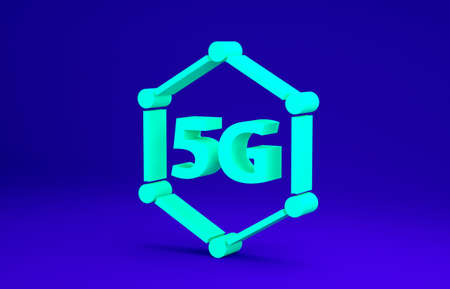 Green 5G new wireless internet wifi connection icon isolated on blue background. Global network high speed connection data rate technology. Minimalism concept. 3d illustrationの写真素材