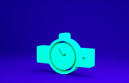 Green Wrist watch icon isolated on blue background. Wristwatch icon. Minimalism concept. 3d...