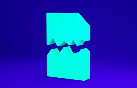 Green Torn document icon isolated on blue background. Minimalism concept. 3d illustration 3D render