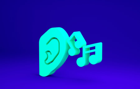 Green Ear listen sound signal icon isolated on blue background. Ear hearing. Minimalism concept. 3d...