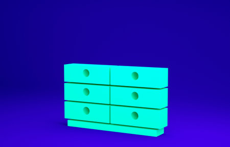 Green Chest of drawers icon isolated on blue background. Minimalism concept. 3d illustration 3D...