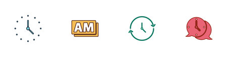 Set Clock, AM, and speech bubble icon. Vector