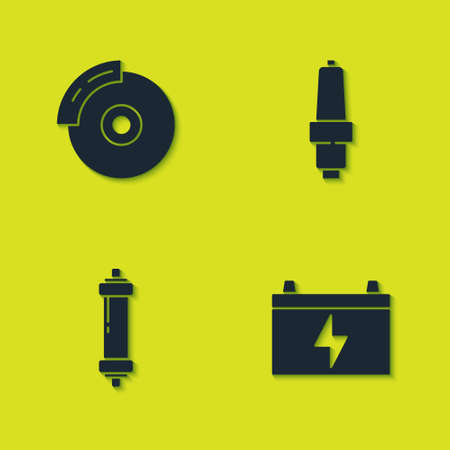 Set Car brake disk with caliper, battery, Shock absorber and spark plug icon. Vectorのイラスト素材