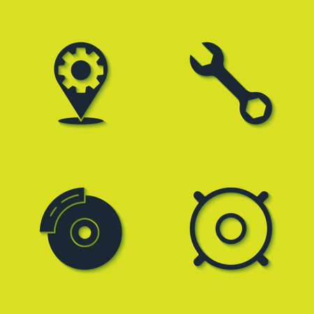 Set Car service, audio speaker, brake disk with caliper and Wrench spanner icon. Vectorのイラスト素材