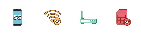 Set Mobile with 5G network, , Router and wifi signal and Sim Card icon. Vector