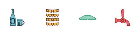 Set Beer bottle and glass, Carnival garland with flags, Homemade pie and tap icon. Vectorのイラスト素材