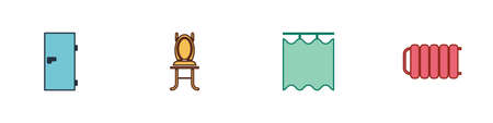 Set Closed door, Chair, Curtains and Heating radiator icon. Vectorのイラスト素材