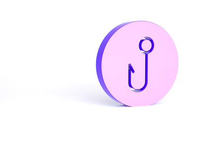 Purple Fishing hook icon isolated on white background. Fishing tackle. Minimalism concept. 3d...