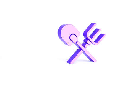 Purple Shovel and rake icon isolated on white background. Tool for horticulture, agriculture, gardening, farming. Ground cultivator. Minimalism concept. 3d illustration 3D renderの写真素材