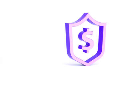 Purple Shield with dollar symbol icon isolated on white background. Security shield protection. Money security concept. Minimalism concept. 3d illustration 3D renderの写真素材