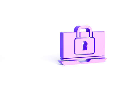 Purple Laptop and lock icon isolated on white background. Computer and padlock. Security, safety, protection concept. Safe internetwork. Minimalism concept. 3d illustration 3D renderの写真素材
