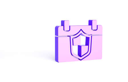 Purple Calendar with shield icon isolated on white background. Insurance concept. Guard sign. Security, safety, protection, privacy concept. Minimalism concept. 3d illustration 3D renderの写真素材