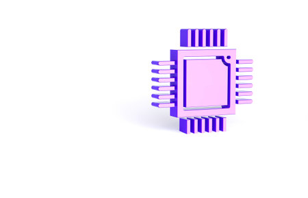 Purple Computer processor with microcircuits CPU icon isolated on white background. Chip or cpu with...