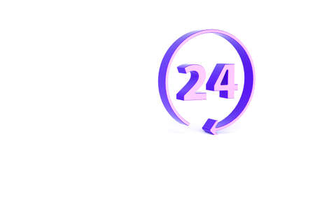 Purple Clock 24 hours icon isolated on white background. All day cyclic icon. 24 hours service symbol. Minimalism concept. 3d illustration 3D renderの写真素材
