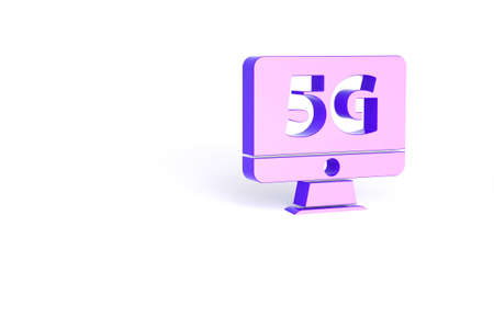 Purple Monitor with 5G new wireless internet wifi icon isolated on white background. Global network high speed connection data rate technology. Minimalism concept. 3d illustration 3D renderの写真素材