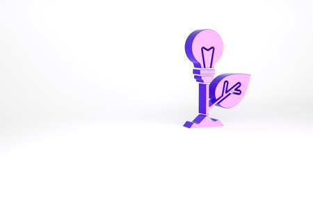 Purple Light bulb with leaf icon isolated on white background. Eco energy concept. Alternative energy concept. Minimalism concept. 3d illustration 3D renderの写真素材