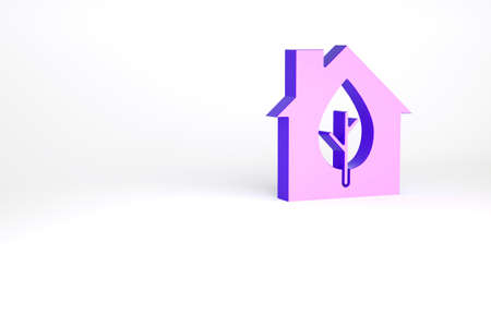 Purple Eco friendly house icon isolated on white background. Eco house with leaf. Minimalism concept. 3d illustration 3D renderの写真素材