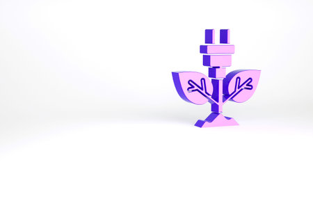 Purple Electric saving plug in leaf icon isolated on white background. Save energy electricity. Environmental protection. Bio energy. Minimalism concept. 3d illustration 3D renderの写真素材