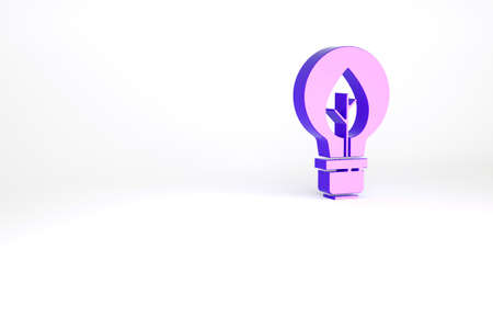 Purple Light bulb with leaf icon isolated on white background. Eco energy concept. Alternative energy concept. Minimalism concept. 3d illustration 3D renderの写真素材