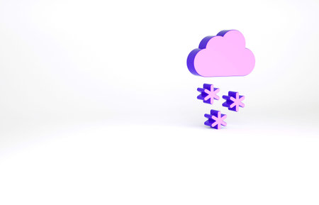 Purple Cloud with snow icon isolated on white background. Cloud with snowflakes. Single weather icon. Snowing sign. Minimalism concept. 3d illustration 3D renderの写真素材