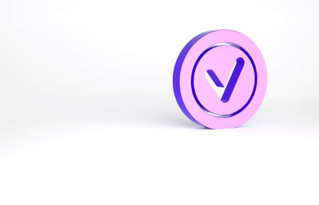 Purple Check mark in round icon isolated on white background. Check list button sign. Minimalism concept. 3d illustration 3D renderの写真素材