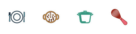 Set Plate, fork and knife, Cooking soup in pot, and Kitchen whisk icon. Vectorのイラスト素材