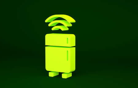 Yellow Smart refrigerator icon isolated on green background. Fridge freezer refrigerator. Internet of things concept with wireless connection. Minimalism concept. 3d illustration 3D renderの写真素材