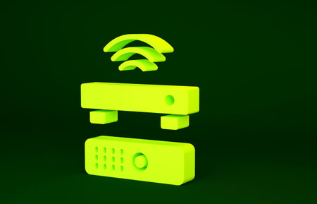 Yellow Wireless multimedia and TV box receiver and player with remote controller icon isolated on...