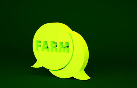 Yellow Speech bubble with text Farm icon isolated on green background. Minimalism concept. 3d...