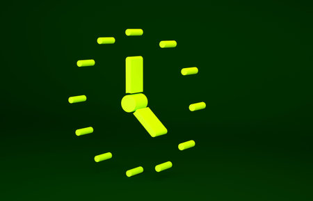 Yellow Clock icon isolated on green background. Time symbol. Minimalism concept. 3d illustration 3D...