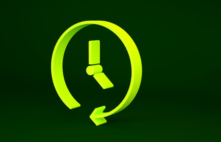 Yellow Clock icon isolated on green background. Time symbol. Minimalism concept. 3d illustration 3D...