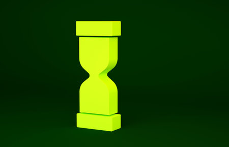 Yellow Old hourglass with flowing sand icon isolated on green background. Sand clock sign. Business...