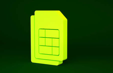 Yellow Sim card icon isolated on green background. Mobile cellular phone sim card chip. Mobile...