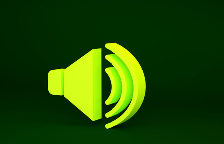 Yellow Speaker volume, audio voice sound symbol, media music icon isolated on green background....