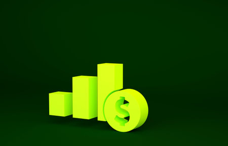 Yellow Pie chart infographic and dollar symbol icon isolated on green background. Diagram chart...