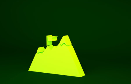 Yellow Mountains with flag on top icon isolated on green background. Symbol of victory or success concept. Goal achievement. Minimalism concept. 3d illustration 3D renderの写真素材