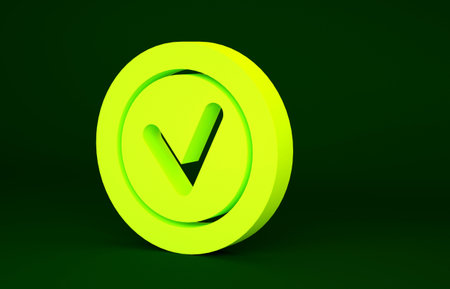 Yellow Check mark in round icon isolated on green background. Check list button sign. Minimalism concept. 3d illustration 3D renderの写真素材