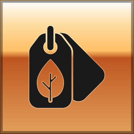 Black Tag with leaf symbol icon isolated on gold background. Banner, label, tag,  sticker for eco green. Vectorのイラスト素材