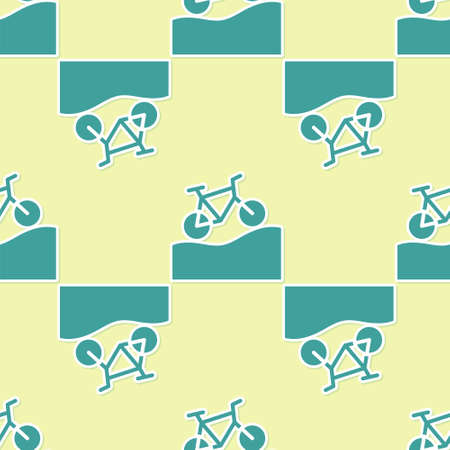 Green Mountain bicycle icon isolated seamless pattern on yellow background. Bike race. Extreme sport. Sport equipment. Vectorのイラスト素材