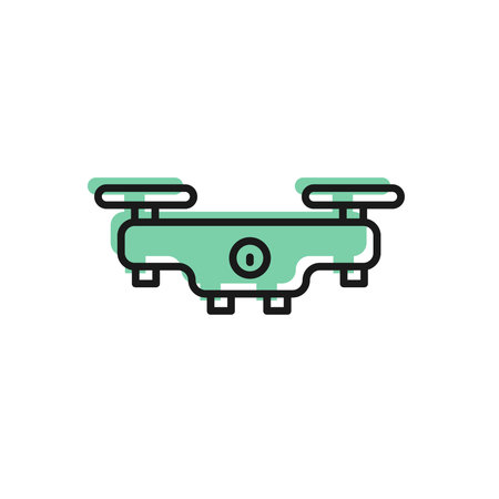 Glowing neon Drone flying icon isolated on brick wall background. Quadrocopter with video and photo...