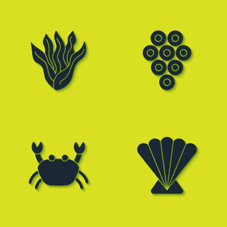 Set Seaweed, Scallop sea shell, Crab and Caviar icon. Vectorのイラスト素材