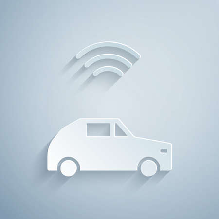 Paper cut Smart car system with wireless connection icon isolated on grey background. Paper art style. Vectorのイラスト素材