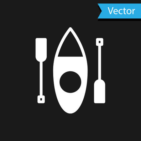 White Kayak and paddle icon isolated on black background. Kayak and canoe for fishing and tourism. Outdoor activities. Vectorのイラスト素材