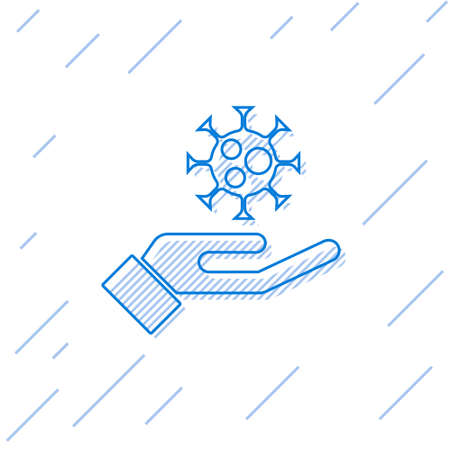 Blue line Hand with virus icon isolated on white background. Corona virus 2019-nCoV. Bacteria and germs, cell cancer, microbe, fungi. Vector.のイラスト素材