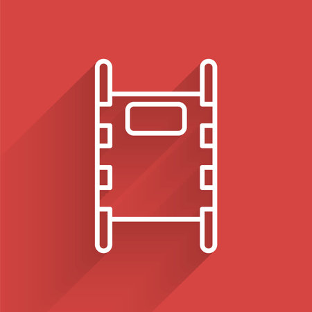 White line Stretcher icon isolated with long shadow. Patient hospital medical stretcher. Vector...