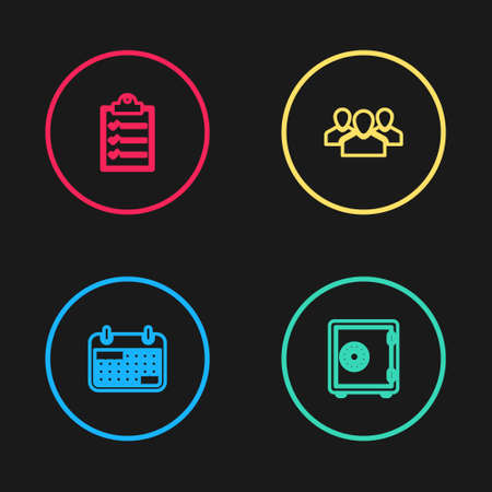 Set line Calendar, Safe, Users group and Clipboard with checklist icon. Vectorのイラスト素材