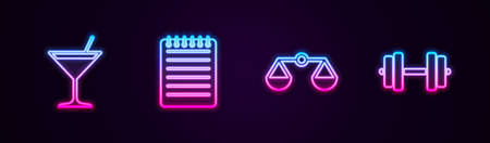 Set line Martini glass, Notebook, Scales of justice and Dumbbell. Glowing neon icon. Vectorのイラスト素材