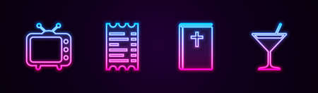 Set line Television tv, Paper or financial check, Holy bible book and Martini glass. Glowing neon icon. Vectorのイラスト素材